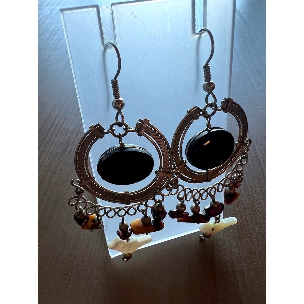 Southwestern Earrings Boho Bird Dangle Festival Silver Black Onyx Tiger Eye‎